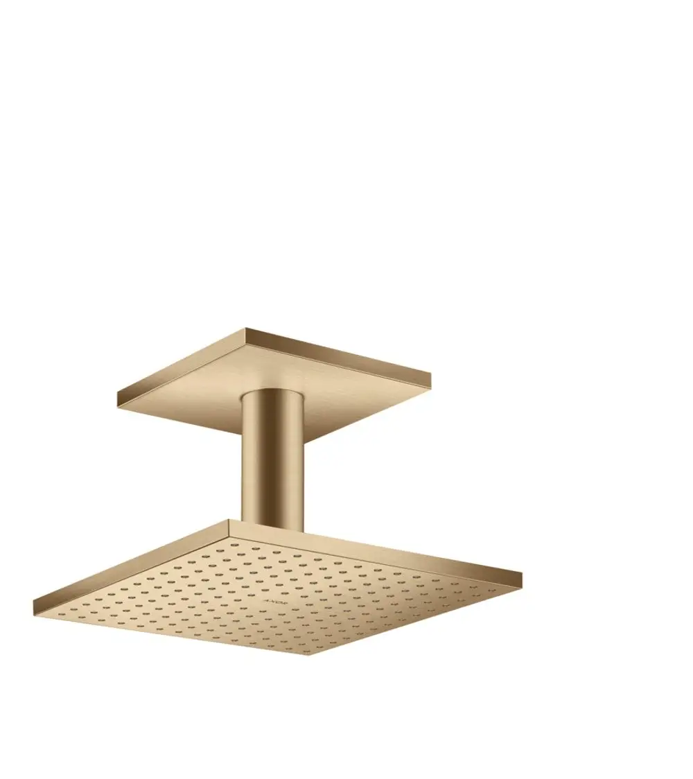 Kopfbrause mit quadratischem Duschkopf und Deckenanschluss in gebürstetem Bronzeton. Produkt von AXOR, sorgt für eine gleichmäßige Wasserverteilung.